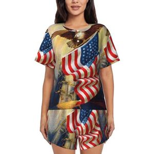 JIAWUJYNB Amerikaanse Amerikaanse vlag Eagle Art Print dames pyjama met korte mouwen - comfortabele korte sets, mouwen nachtkleding met zakken, Zwart, M