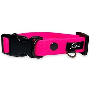 Verstelbare neon roze hondenhalsband met kunststof sluiting. Handgemaakte ketting van waterdicht tape (anti-vlekken) met zeshoekige gravure en gemaakt van de materialen.