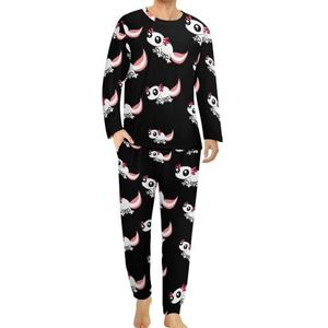 Cartoon witte Axolotl comfortabele heren pyjama set ronde hals lange mouw loungewear met zakken 5XL