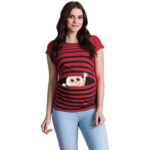 Winke Winke Baby - Grappige grappige schattige zwangerschapsmode gestreept zwangerschapsshirt met motief voor zwangerschapsshirt, korte mouwen, wijnrood, M