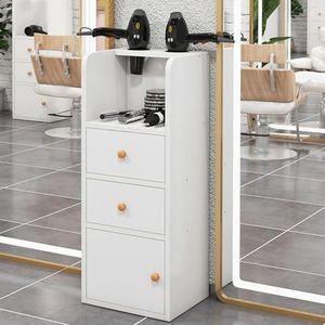 Salonorganizer opbergkast, make-up organizer plank met 2 lades, 2 föhnhouders, moderne salontafel voor schoonheidssalon make-up opslag (32 * 30 * 80CM)(White)