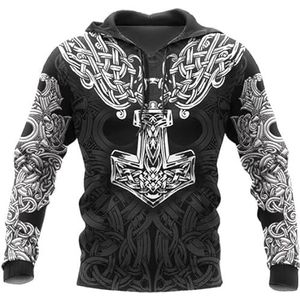 Quake 3D-geprinte tattoo-hoodie, Nordic Retro Viking Vegvisir ritssweatshirt casual trui straatsportkleding (Color : A, Size : L)