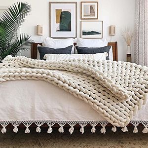 RGRE Luxe Chunky gebreide deken 200x200cm, zachte gebreide deken, solide decoratieve chique geweven dekens en plaids, gehaakte deken, handgemaakte gezellige plaid voor bed
