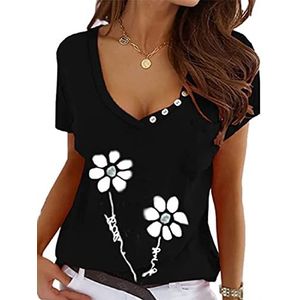 T-shirt voor dames, casual, korte mouwen, bedrukt, bloemenpatroon, V-hals, met knopen, grote maat voor de zomer, zwart., XXL