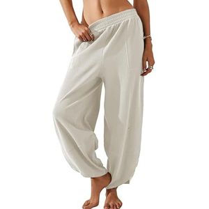 Dames Baggy Wide Leg Broek Casual Elastische Taille Palazzo Harem Broek met Zakken(White,M)
