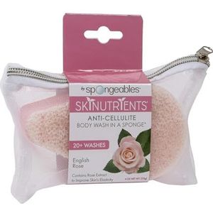 Skinutrients Anti-cellulitis lichaamsspons in één spons, cellulite spa stimulator, hydraterend en exfoliërend, meer dan 20 wasbeurten, 4 sponzen, roze, Engelse roos, 1 oz