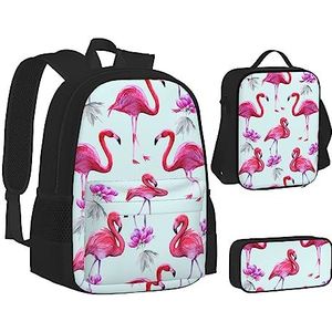 TOMPPY Roze Flamingo's Gedrukte Boeken Tas Met Lunch Tas En Etui voor Elementaire, 3pcs Rugzak Sets, Zwart, Eén maat, Schooltas Set