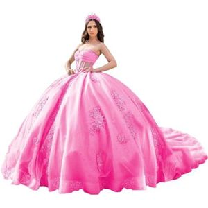 Fuomomo Quinceanera Prinsessenjurk met ruches en staart Quinceanera jurk van tule met parels schattige jurk 16 MT052, Roze, 48/Grote Maten