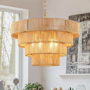 Schindora 50 cm Rotan Boho Hanglamp, Handgeweven, Kroonluchter 6-Lights Hanglamp 4 Ronde Transitional Rustic Grote Natuurlijke Hanglamp voor Keuken Slaapkamer Woonkamer Gang, Messing