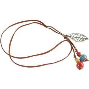 Retro etnische stijl handgemaakte keramische kralen trui ketting lange ketting (Color : Leather rope)