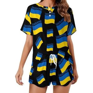 Vlag van Oekraïne Zachte damespyjama met korte mouwen, loungewear met zakken, cadeau voor thuis, strand, S