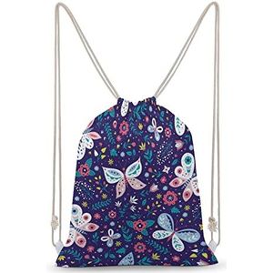 Kleurrijke Vlinders En Bloemen Trekkoord Rugzak String Bag Sackpack Canvas Sport Dagrugzak voor Reizen Gym Winkelen