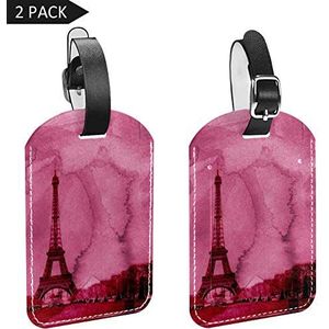 PU Lederen Bagage Tags Naam ID-labels voor Reistas Bagage Koffer met Terug Privacy Cover 2 Pack,Parijs Roze Eiffeltoren Aquarel