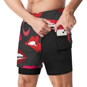 Mond Rode Sexy Lippen Grappige Zwembroek met Compressie Liner & Pocket Voor Mannen Board Zwemmen Sport Shorts