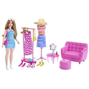 Barbie Pop en Modeset, Barbie outfits met kastaccessoires als een rek en paspop, 32 onderdelen die de fantasie prikkelen HPL78
