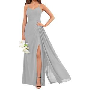 KURFACE Spaghetti Strap Chiffon Bruidsmeisjesjurken voor Vrouwen Geplooid Korset Mouwloze Formele Jurk Avondjurk, Zilver, 32