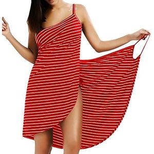LumiSyne Strandjurk voor dames, bikini, badpak, cover-up, mouwloos, wikkelrok, sexy V-hals, strandponcho, mode, strepen, pareos, losse stijl, strandrok, grote maat, Smalle franjes rood, M
