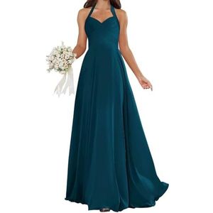 HPPEE Halter bruidsmeisjesjurken voor dames, geplooid, mouwloos, chiffon, A-lijn, bruidsmeisje, formele avondjurk, Turkoois, 32