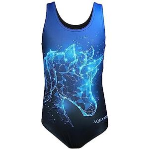 Aquarti Meisjes Badpak met Racerback en Dolfijn Print, Eenhoorn Blauw/Zwart, 128