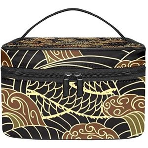 Cartoon Dolfijn spelen met bal blauw water make-up tas voor vrouwen meisjes cosmetische tassen met handvat reizen make-up organizer tas, Oosters traditioneel drakenpatroon, 8.9x5.9x5.4 Inches, Make-up zakje