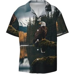 Flying Eagle Print Button Down Shirt voor heren, korte mouwen, casual shirt voor heren, zomer, zakelijk, casual overhemd, Zwart, L