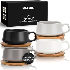 MiaMio - Set van 4 Cappuccino/koffie/theetassen met houten onderlegger - 320ml