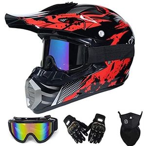 QYTK - MT-51 - Motorhelm - Rood Zwart - Full Face Off-Road Helmset met Handschoenen en Veiligheidsbril
