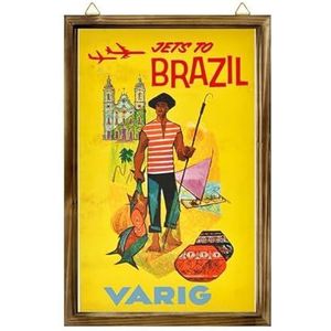 Boerderij ingelijst houten bord jets naar Brazilië Zuid-Amerika Vareg Luchtvaartmaatschappij Vintage Reizen Advertentie Print Muur Opknoping Houten Fotolijst Home Decor 20x25cm