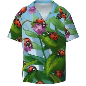 TyEdee Lieveheersbeestjesprint voor heren, korte mouwen, overhemden met zak, casual overhemd met knopen, zakelijk overhemd, Zwart, XL