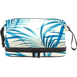 Blauwe Bladeren Make-upzak Dubbele Laag Ruime Kosmetische Zakken voor Vrouwen en Meisjes Reizen Draagbare Toiletry Pouch met Rits, Meerkleurig, 27x15x14 cm/10.6x5.9x5.5 in, Make-up zakje