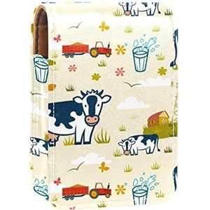 Draagbare Lipstick Case voor op reis, Mini Lipstick Opbergdoos met spiegel voor vrouwen dames, Lederen cosmetische Pouch Koeien Animal Farm, Meerkleurig, 9.5x2x7 cm/3.7x0.8x2.7 in