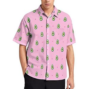 Avocado en harten op een roze Hawaiiaans shirt voor heren, zomer, strand, casual korte mouwen, button-down shirts met zak