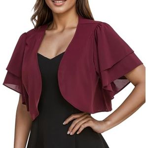 CuLtP dames bolero jas Dames Chiffon Schouderophalen Cropped Bolero Licht Jasje Zomer Doorschijnend Vest Dubbellaags Ruches Korte Mouwen Blouse Avondjurken Sjaal Cover Ups Bordeaux Xl