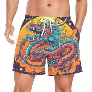 Cartoon Retro Animal Dragon Zwembroek voor heren, sneldrogend, met zakken, Leuke mode, L