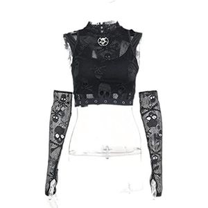 MENGQING nieuwe donkere vintage vrouwen goth tanktops niet-mouw effen kleur kant patchwork trui met sleever gotische stijl dames tops-zwart, M