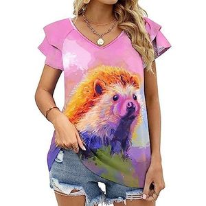 Funny Hedgehog Casual tuniek tops ruches korte mouwen T-shirts V-hals blouse T-shirt