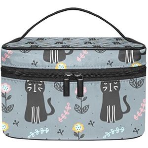 Zwarte katten en bloemen make-up organizer tas, reismake-up tas organizer case draagbare cosmetische tas voor vrouwen en meisjes toiletartikelen, Meerkleurig, 22.5x15x13.8cm/8.9x5.9x5.4in