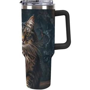 STVNKML 40 oz beker met handvat schattige en mooie kat roestvrijstalen koffiemok herbruikbare reismok lekvrije geïsoleerde autobeker grote capaciteit beker voor reizen, buiten, thuisgebruik (zwart)