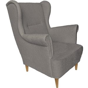 X-Group4th Fauteuil THRON Oorfauteuil voor woonkamer, bouclé, natuurlijke houten voet, comfortabele relaxstoel, modern, slaapkamer, grijs, 102 x 95 x 81 cm