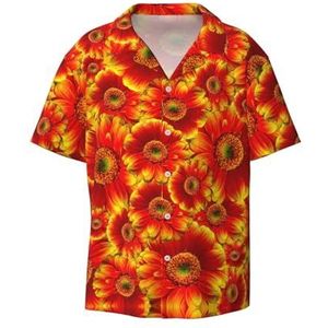 Oranje Zonnebloem Print Mannen Button Down Shirt Korte Mouw Casual Shirt Voor Mannen Zomer Business Casual Jurk Shirt, Zwart, XXL