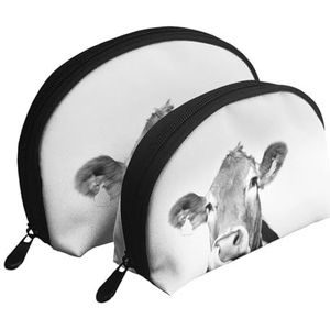 Make-uptas, cosmetische reistas, 2 stuks draagbare clutch pouch-set Pouch Organizer Koe Foto Zwart en Wit, zoals afgebeeld, Eén maat