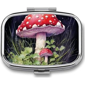 Vierkante pillendoos 2 compartimenten pillendoosje voor portemonnee en zak kleine pillenorganizer paddenstoelen in het gras reizen pillendoos draagbare olie opbergdoos metalen geneeskunde vitamine