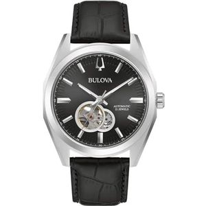 Bulova Heren analoog automatisch horloge met leren armband 96A273, zwart, Modern