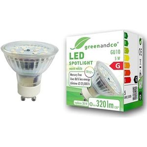 greenandco® CRI97+ 2700K 110° LED-spot vervangt 38 Watt GU10 halogeenspot, 5W 320 lumen warmwit 230V AC, flikkervrij, niet-dimbaar