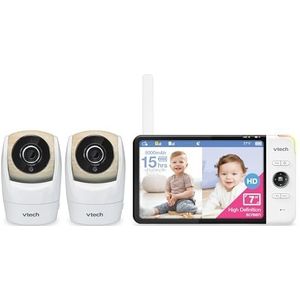 VTech VM919-2HD 2-CAM-videomonitor met batterijondersteuning, 15-HR-streaming, 17,8 cm (7 inch) 720p-display, 360 inch panoramisch zicht, 110 groothoekweergave, nachtzicht, tot 1000 voet bereik,