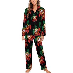 Portugal vlag zeeschildpad vrouwen lange mouw button down nachtkleding zachte nachtkleding lounge pyjama set M
