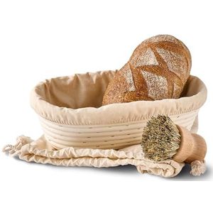 Rijsmandje - Ovaal Broodrijsmand - Duurzaam Rieten Mandje - 28 cm - Set met Borstel, Linnen Doek en Zakje