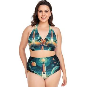 Space Rocket Planeten Sterren Vrouwen Bikini Sets Plus Size Badpak Twee Stukken Hoge Taille Strandkleding Meisjes Badpakken, Pop Mode, XXL