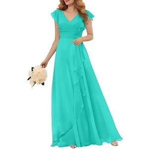 WSEYU Chiffon bruidsmeisjesjurken lang met mouwen voor bruiloft, ruches, V-hals, geplooide formele jurken, Turkoois, 42