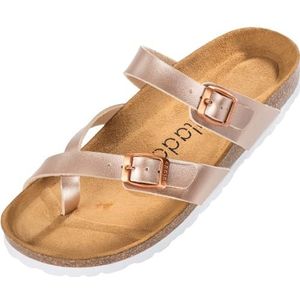 Palado Cres Metallic damessandalen, sandalen met riem, pantoffels met voetbed van natuurlijk kurk, zool van het fijnste suède, Metallic Rose Roze, 40 EU